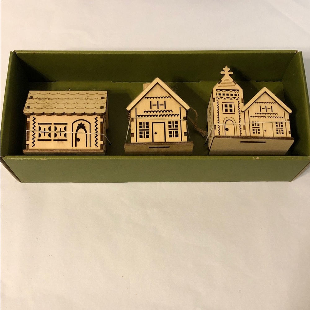 Crate&Barrel 2013 wooden houses church Christmas ornaments set of 3